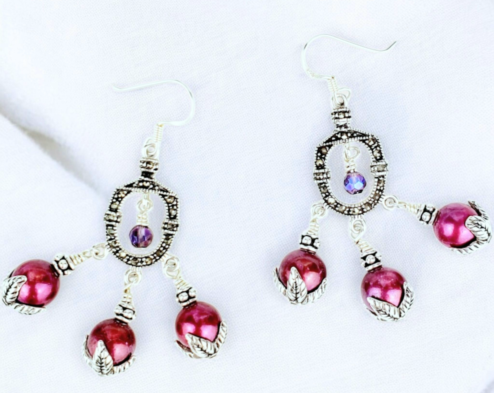 Sterling Silver Marcasite Earrings โ Fuchsia Freshwater Pearl Dangles with Purple Crystals & All .925 Silver, 2.25โ Long - Image 2