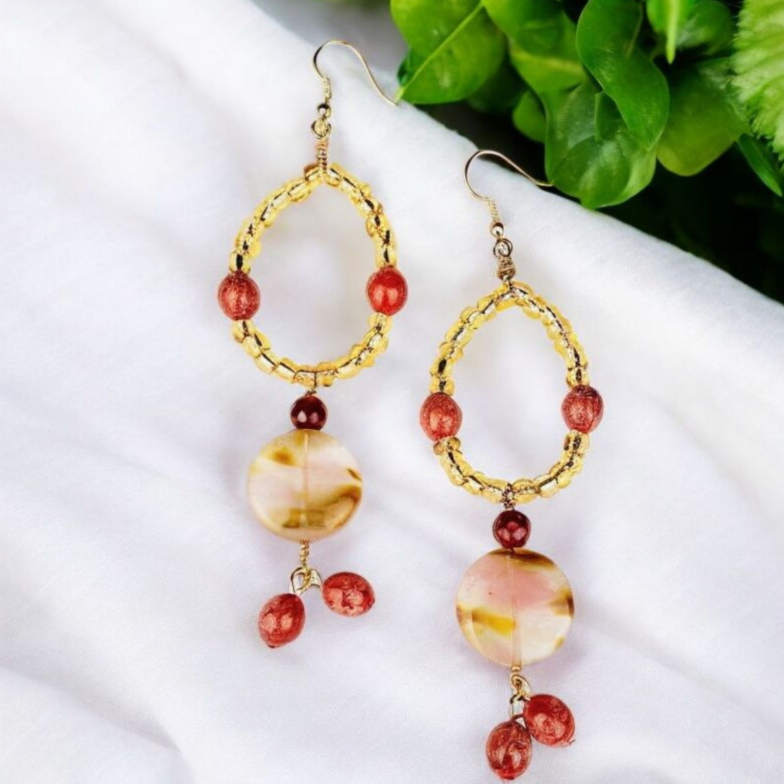 Boho Jasper & Carnelian Earrings โ Handmade Golden Dangles with Seed Beads, Glass Discs & Wire Wrap, 3.5โ Long