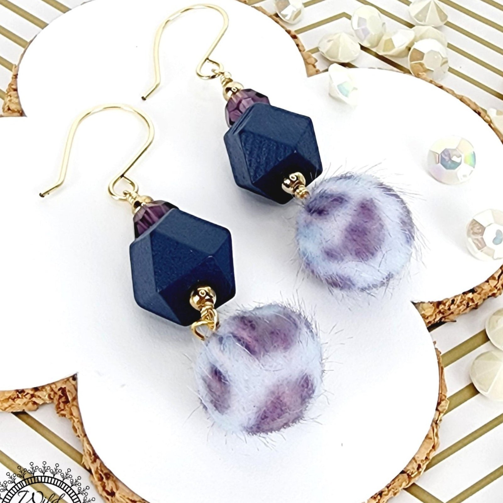 Boho Purple Fuzzy Earrings โ Handmade Dangles with Faceted Glass Beads & Blue Wooden Hexagons, 2.6โ Long with Gold Hooks - Image 3