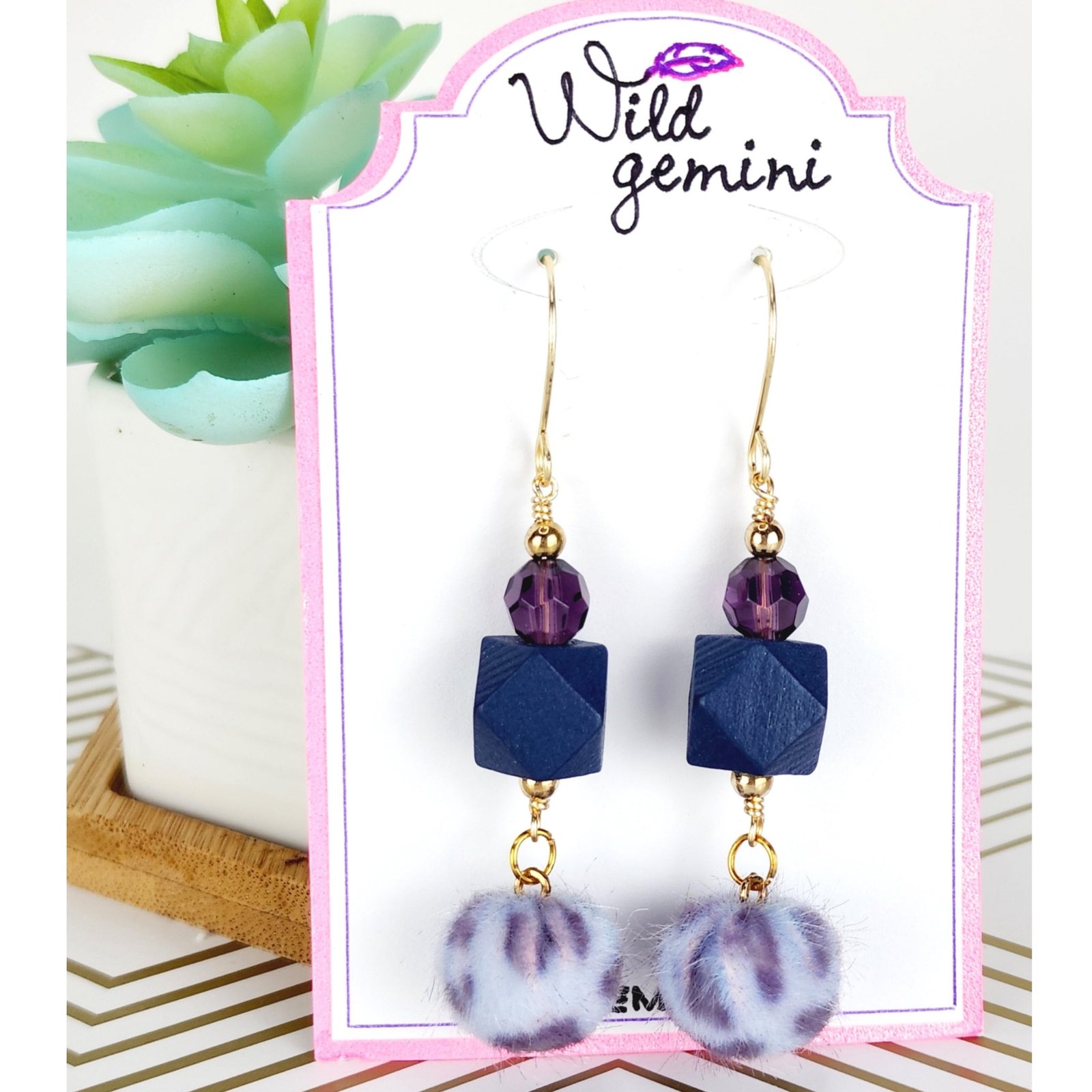 Boho Purple Fuzzy Earrings โ Handmade Dangles with Faceted Glass Beads & Blue Wooden Hexagons, 2.6โ Long with Gold Hooks - Image 2