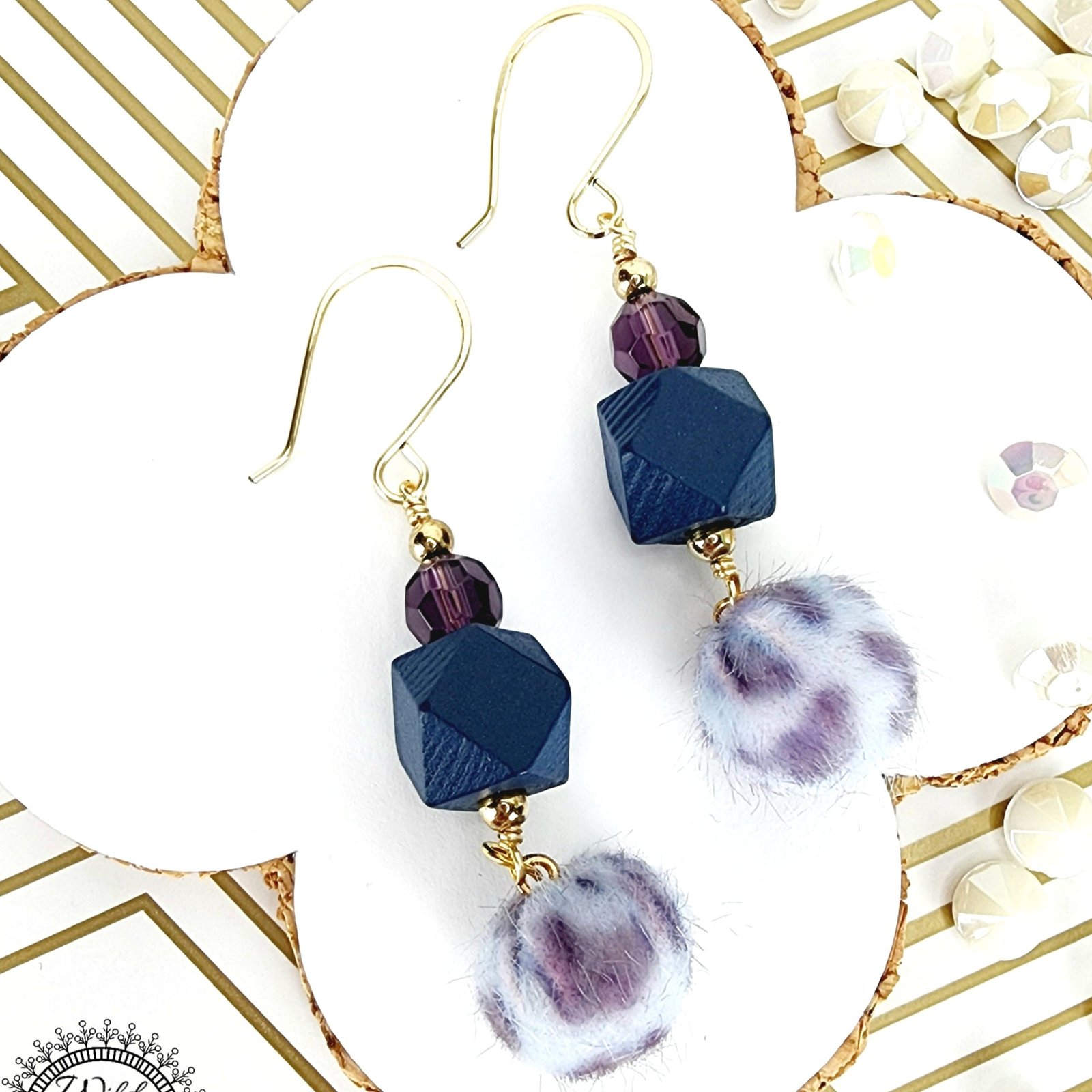 Boho Purple Fuzzy Earrings โ Handmade Dangles with Faceted Glass Beads & Blue Wooden Hexagons, 2.6โ Long with Gold Hooks