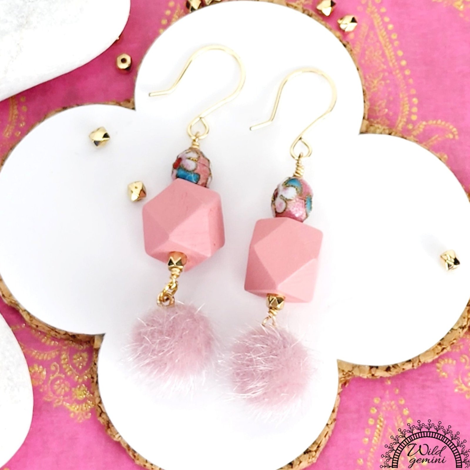 Boho Pink Fuzzy Earrings – Handmade Dangles with Vintage Cloisonné Beads & Wooden Hexagons, 2.6” Long with Gold Hooks - Image 4