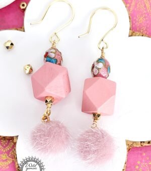 Boho Pink Fuzzy Earrings – Handmade Dangles with Vintage Cloisonné Beads & Wooden Hexagons, 2.6” Long with Gold Hooks
