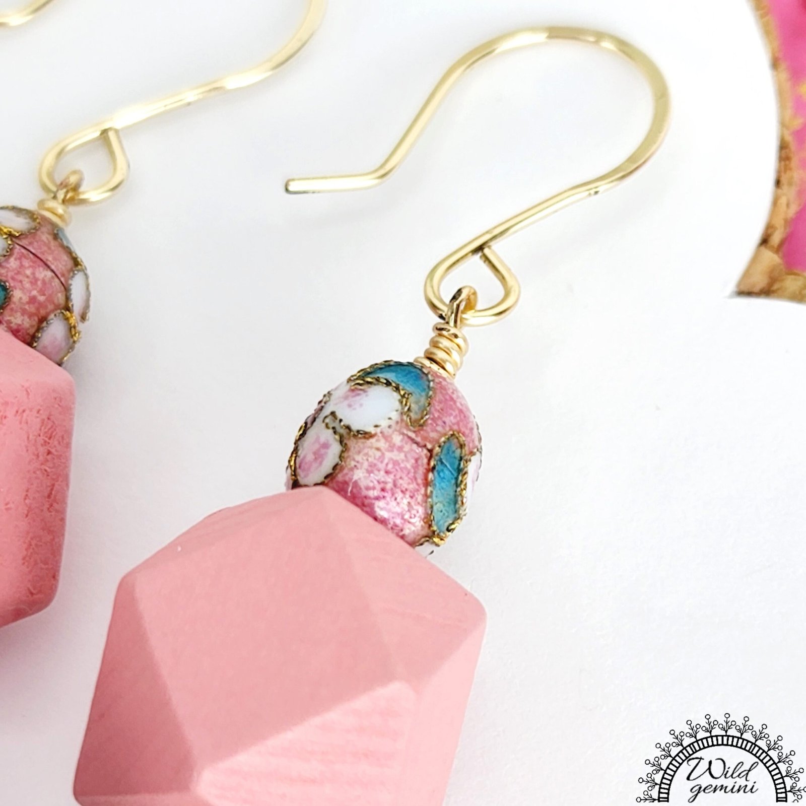 Boho Pink Fuzzy Earrings – Handmade Dangles with Vintage Cloisonné Beads & Wooden Hexagons, 2.6” Long with Gold Hooks - Image 3