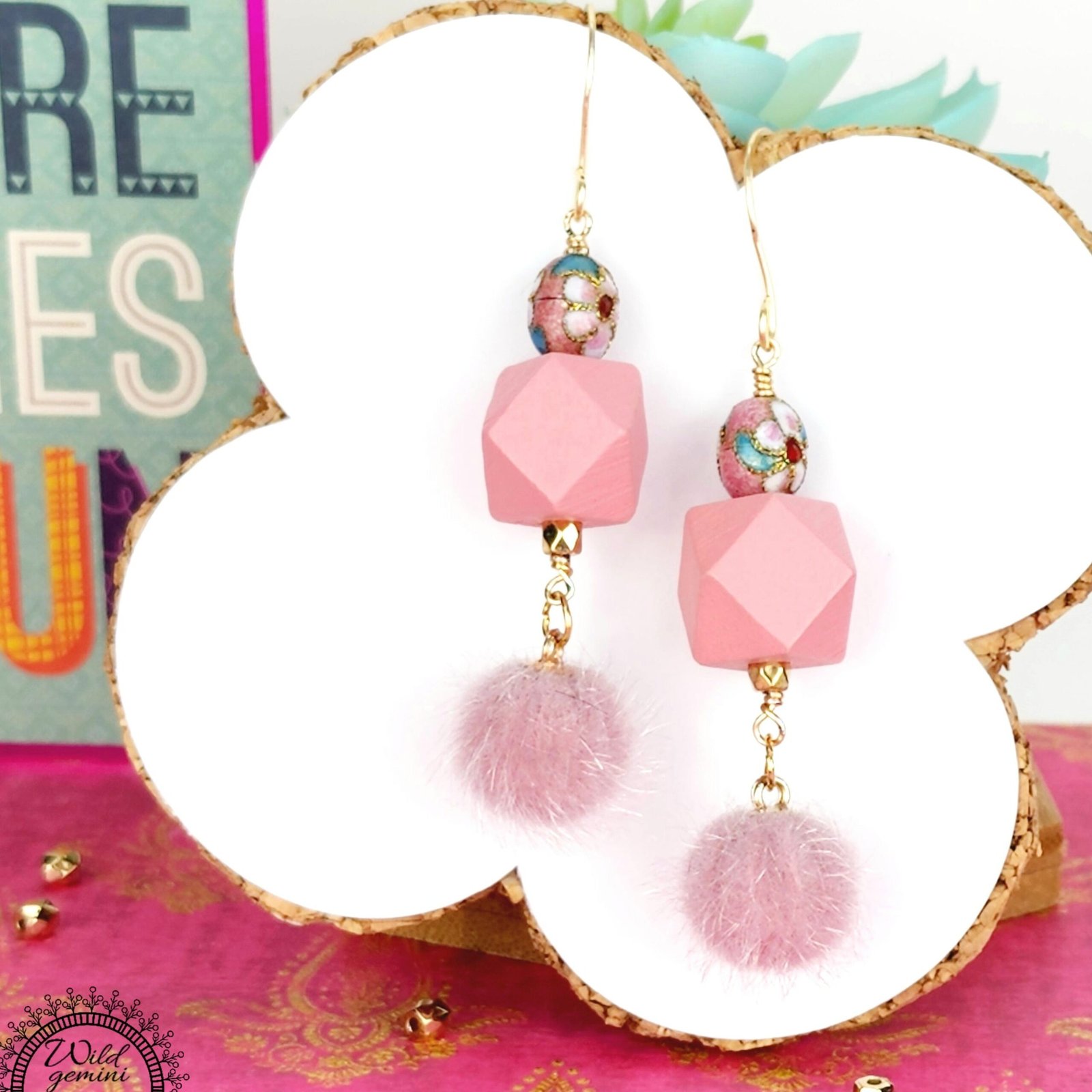 Boho Pink Fuzzy Earrings – Handmade Dangles with Vintage Cloisonné Beads & Wooden Hexagons, 2.6” Long with Gold Hooks - Image 2