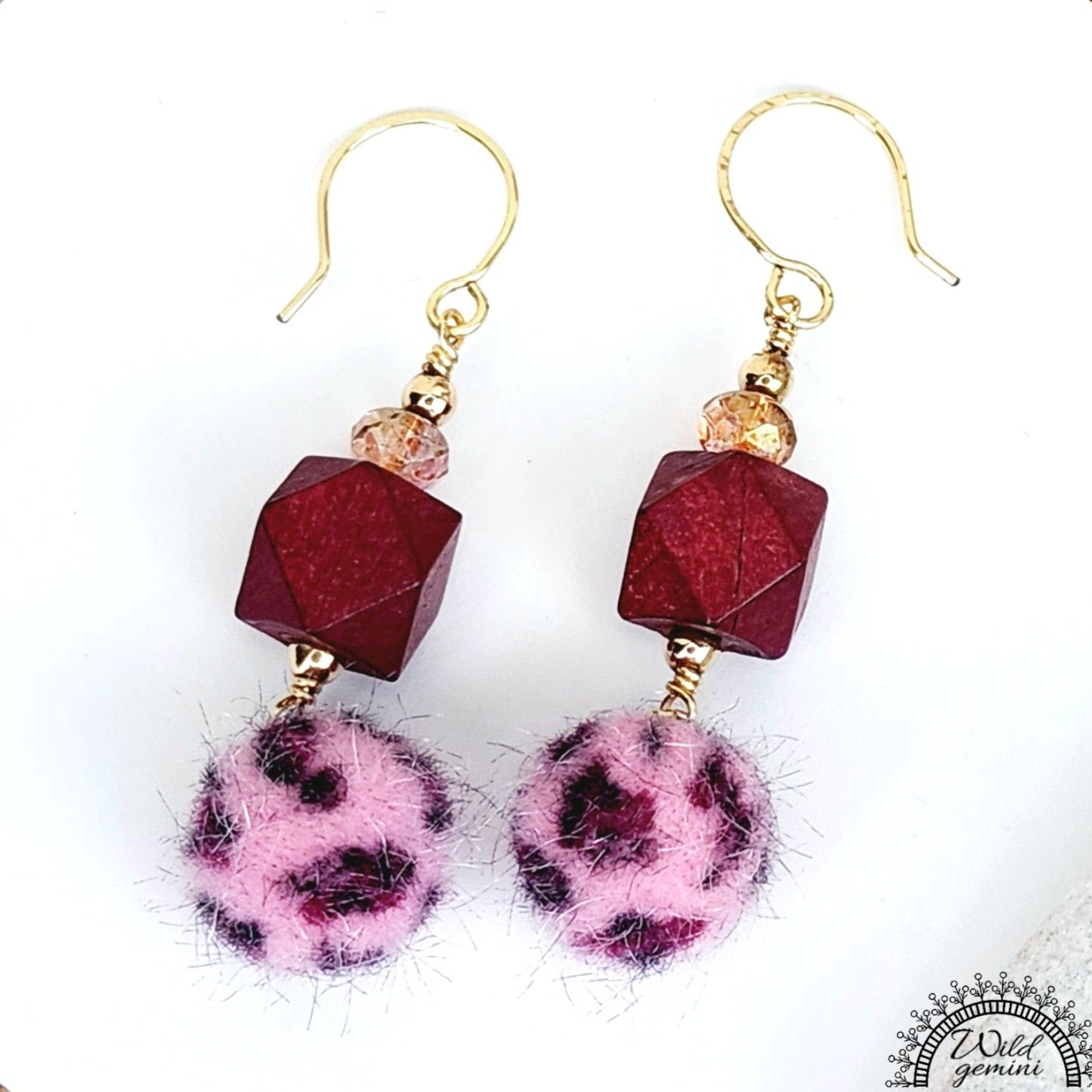 Boho Burgundy Fuzzy Earrings โ Handmade Dangles with Faceted Glass Beads & Wooden Hexagons, 2.5โ Long with Gold Hooks - Image 3