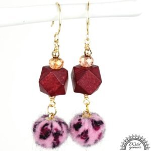 Boho Burgundy Fuzzy Earrings โ Handmade Dangles with Faceted Glass Beads & Wooden Hexagons, 2.5โ Long with Gold Hooks