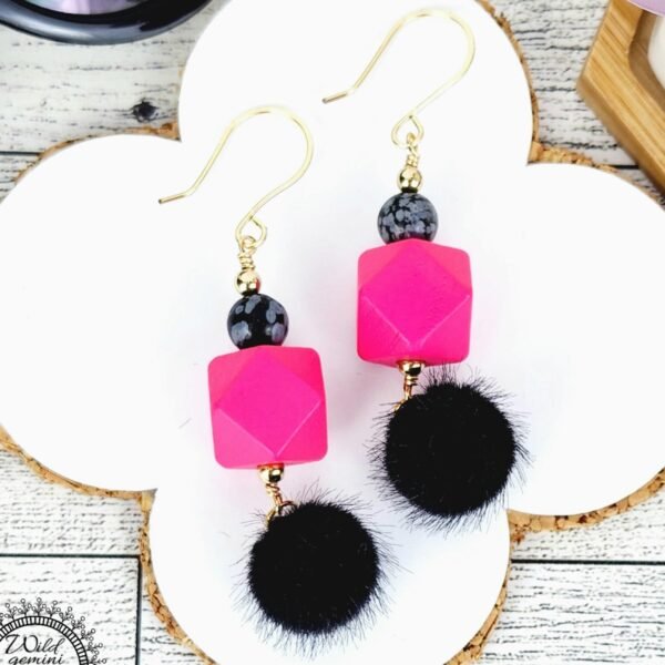 Boho Dalmatian Jasper Earrings – Handmade Dangles with Vintage Cloisonné, Pink Wooden Hexagons & Gold Hooks, 2.6” Long