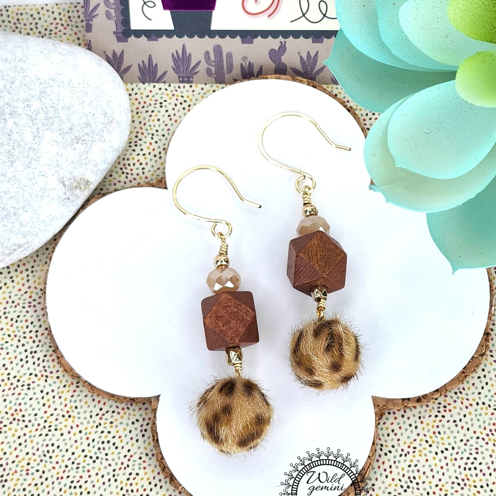 Boho Animal Print Earrings โ Handmade Dangles with Fuzzy Beads, Glass Rondelles & Wooden Hexagons, 2.5โ Long with Gold Hooks - Image 2