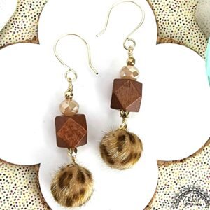 Boho Animal Print Earrings – Handmade Dangles with Fuzzy Beads, Glass Rondelles & Wooden Hexagons, 2.5” Long with Gold Hooks