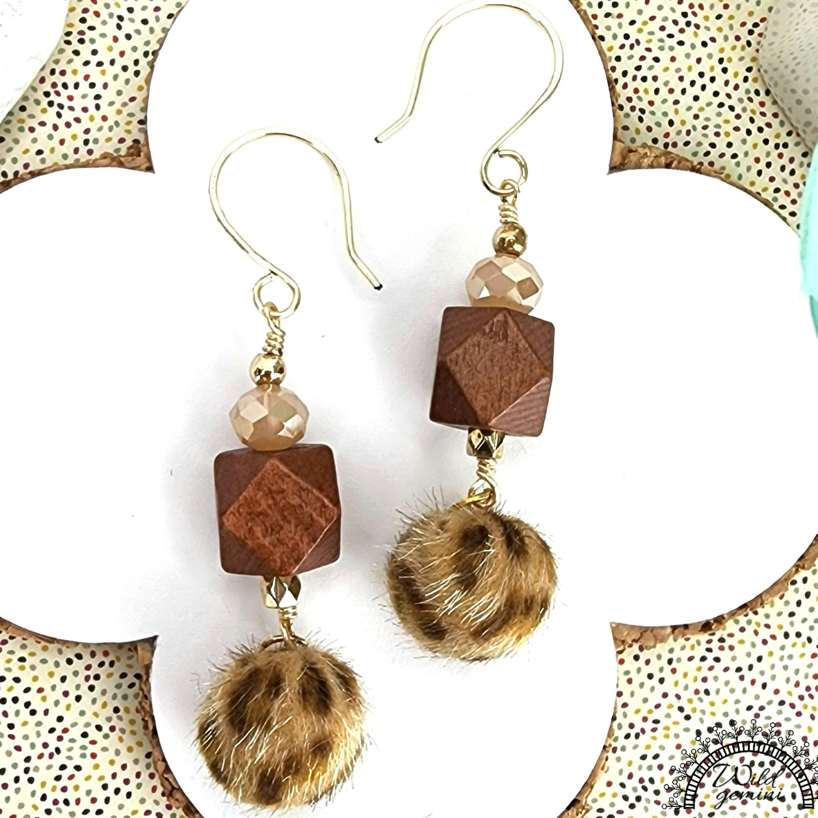 Boho Animal Print Earrings โ Handmade Dangles with Fuzzy Beads, Glass Rondelles & Wooden Hexagons, 2.5โ Long with Gold Hooks