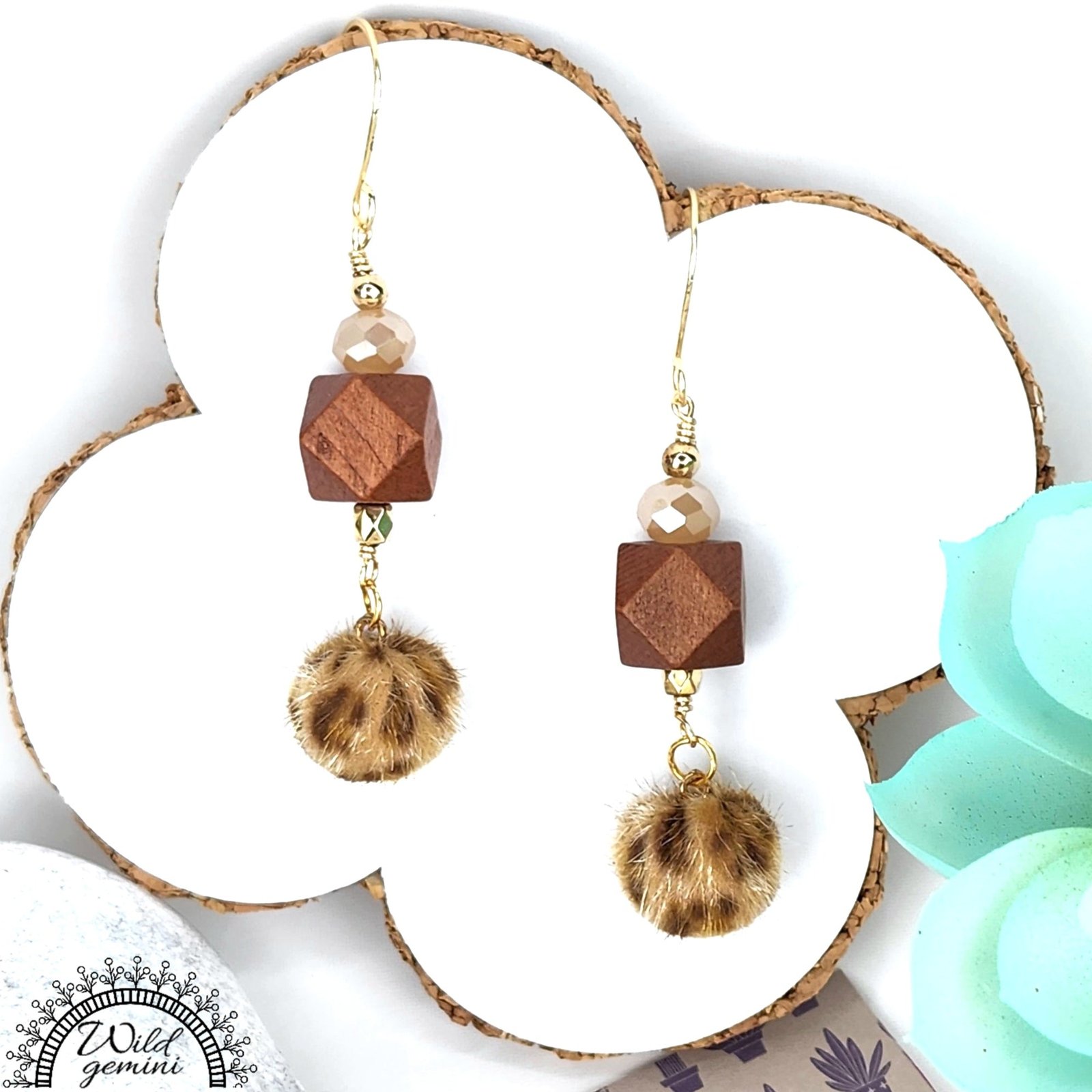 Boho Animal Print Earrings โ Handmade Dangles with Fuzzy Beads, Glass Rondelles & Wooden Hexagons, 2.5โ Long with Gold Hooks - Image 3