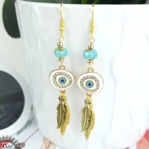 Boho Evil Eye Earrings – Handmade Gold Dangles with Teal Faceted Beads, Rhinestone Charms & Layered Feather Drops, 3.25” Long