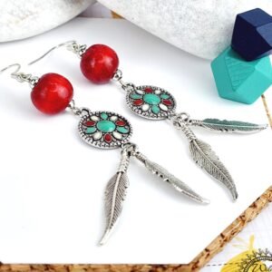 Boho Feather Coin Earrings β Handmade Silver Dangles with Red Wooden Bead, Enameled Coins & Layered Silver Feathers, 2.75β Long