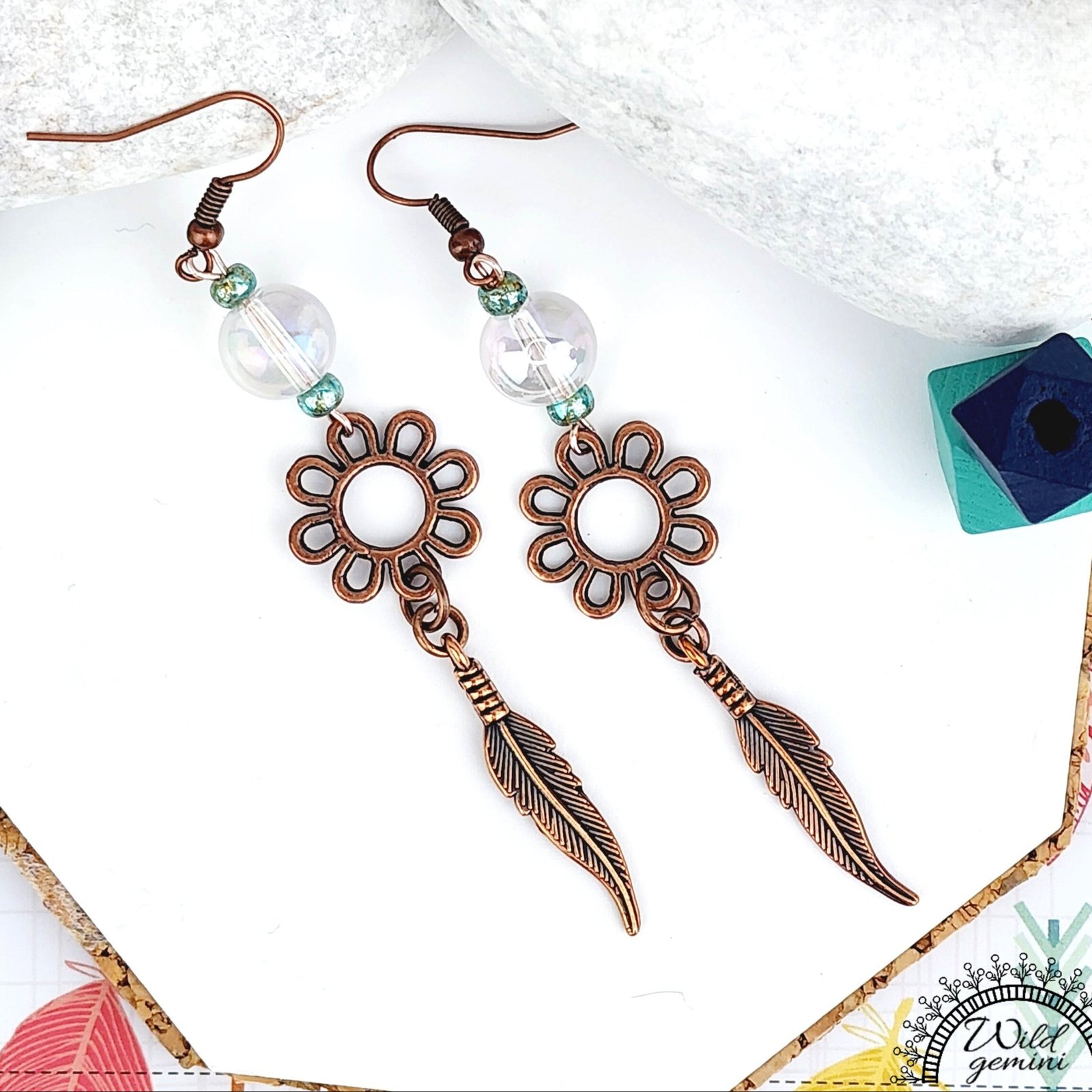 Boho Feather Earrings โ Handmade Copper Dangles with Clear Glass Beads, Flower Rings & Feather Charms, 3.45โ Long