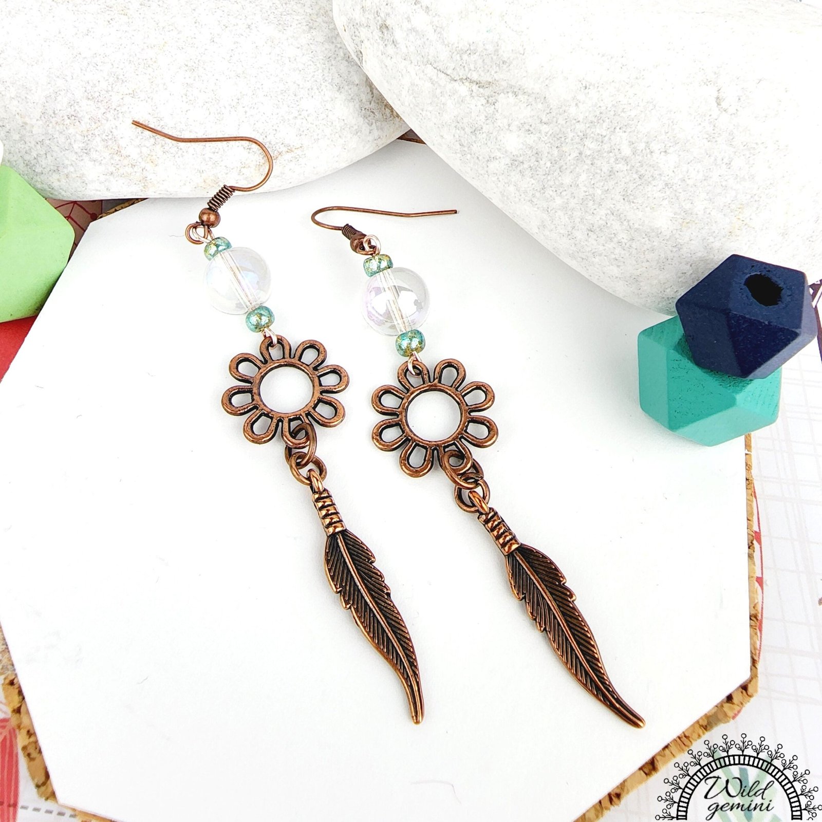 Boho Feather Earrings โ Handmade Copper Dangles with Clear Glass Beads, Flower Rings & Feather Charms, 3.45โ Long - Image 2