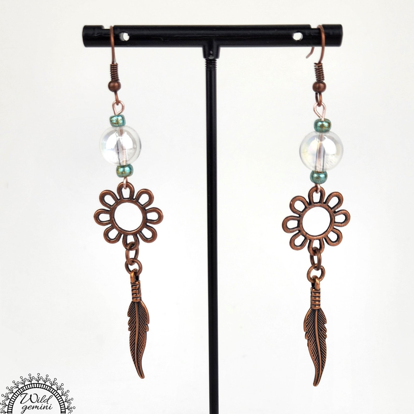 Boho Feather Earrings โ Handmade Copper Dangles with Clear Glass Beads, Flower Rings & Feather Charms, 3.45โ Long - Image 3