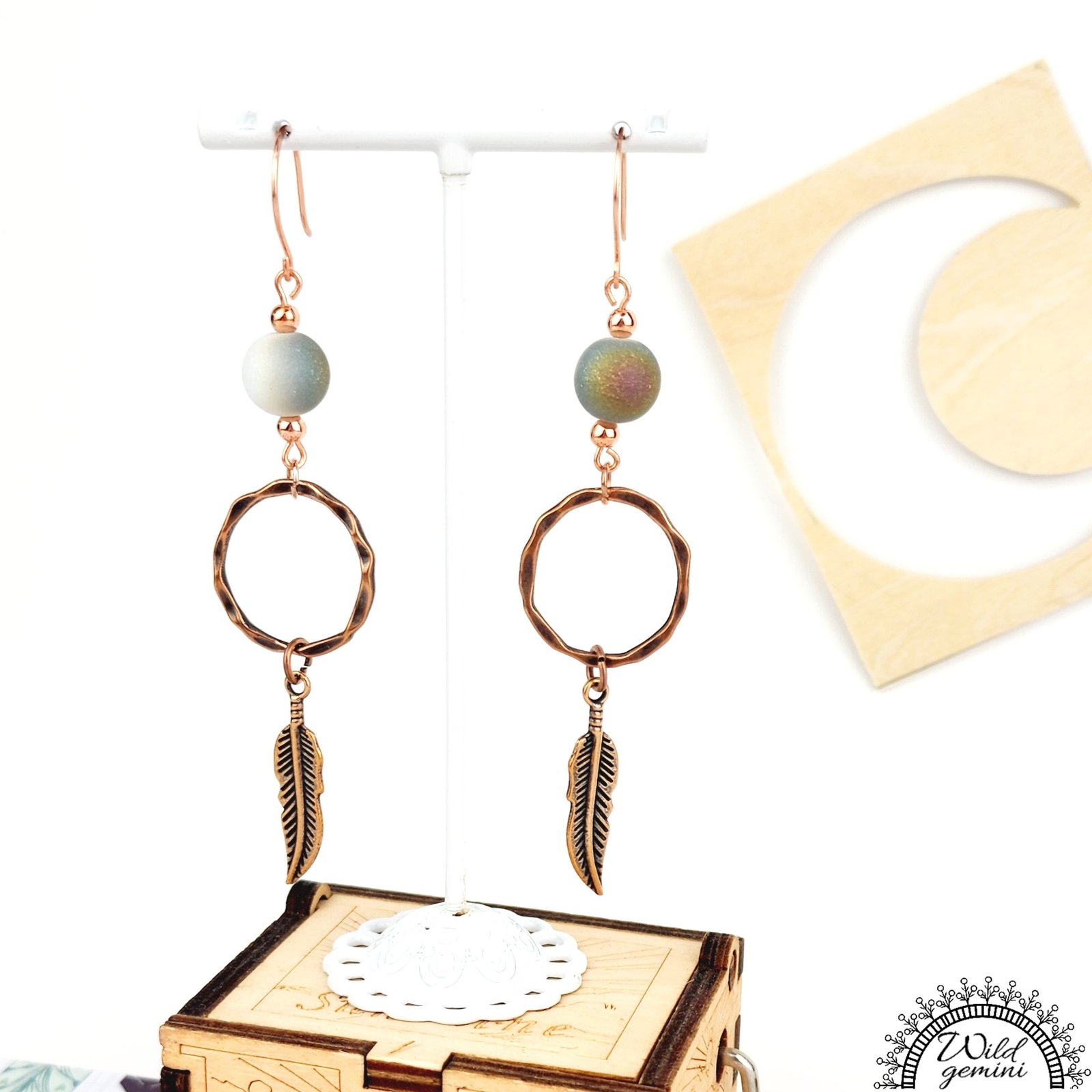 Boho Feather Earrings โ Handmade Copper Dangles with Multicolor Glass Beads, Copper Rings & Feather Charms, 3.5โ Long - Image 2