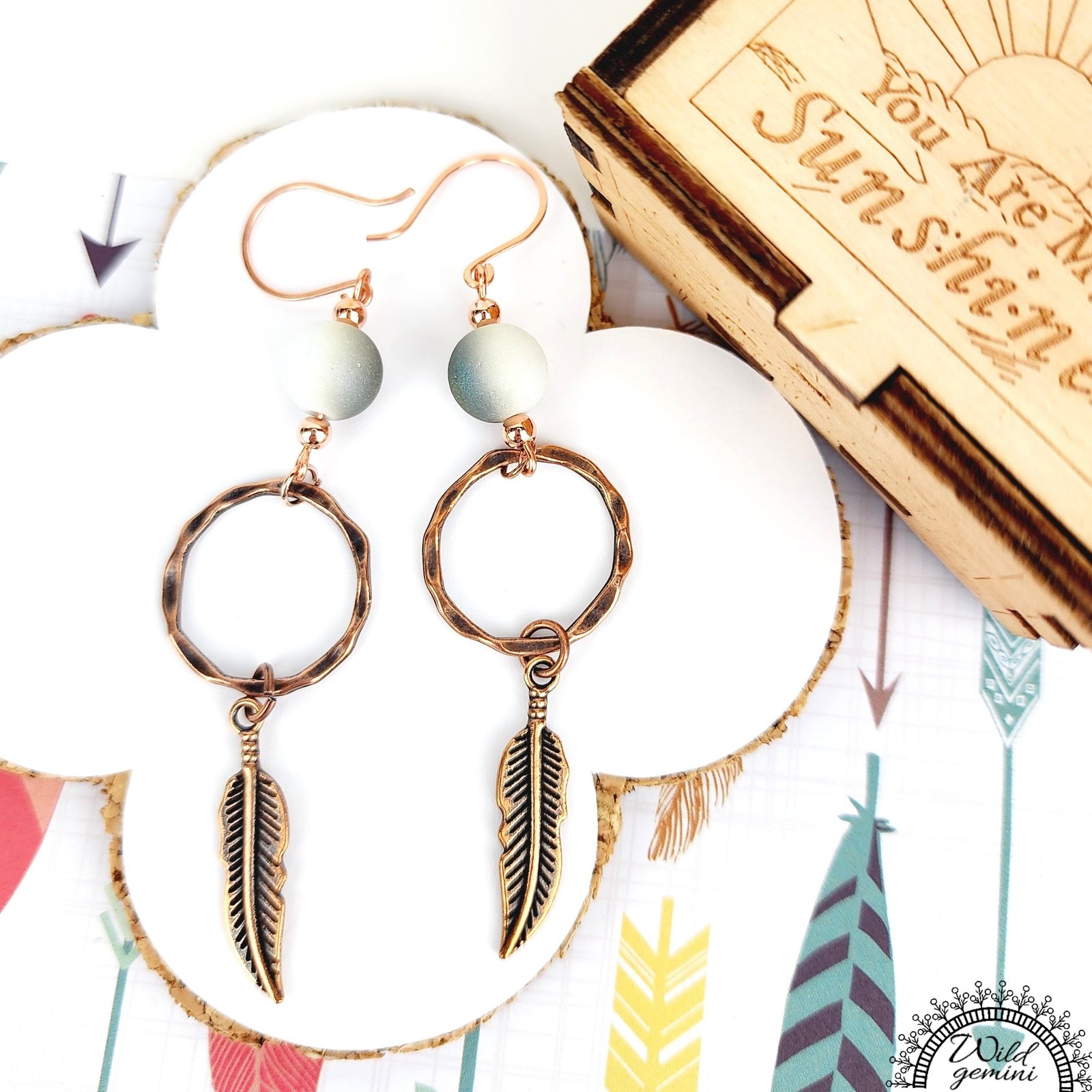 Boho Feather Earrings โ Handmade Copper Dangles with Multicolor Glass Beads, Copper Rings & Feather Charms, 3.5โ Long - Image 3