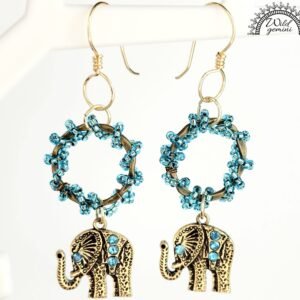 Boho Elephant Hoop Earrings – Handmade Gold Dangle Earrings with Blue Rhinestones, Seed Beads & Gold Hooks, 2.8” Long