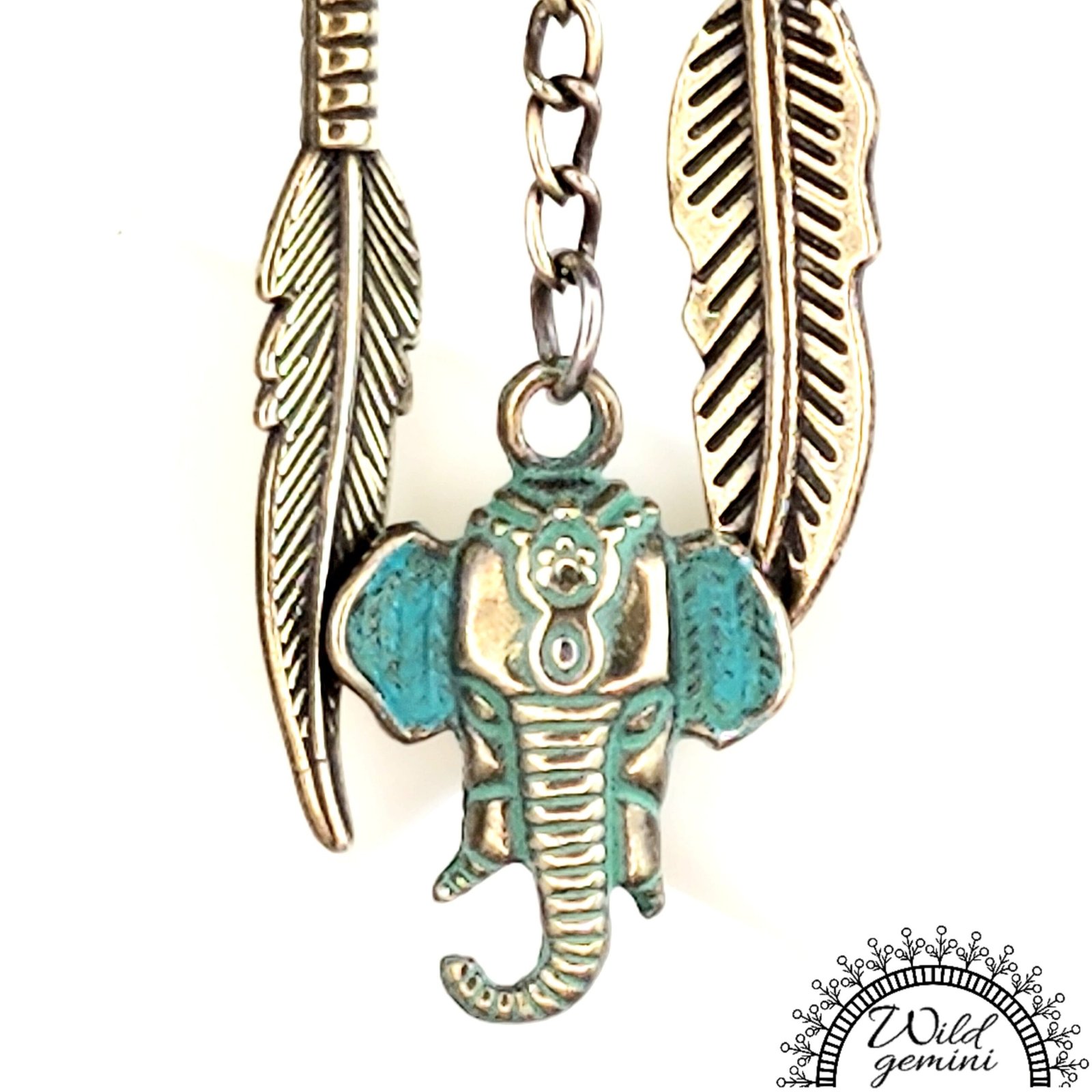 Boho Elephant & Feather Earrings โ Handmade Tribal Dangle Jewelry with Turquoise Brass Charms, Yellow Seed Beads & Floral Gold Hoops - Image 3