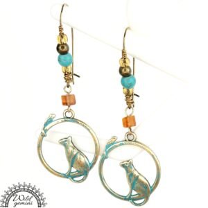 Boho Cat & Mouse Earrings – Handmade Brass Dangle Earrings with Carnelian, Turquoise Jasper & Whimsical Charms, 2.75” Long