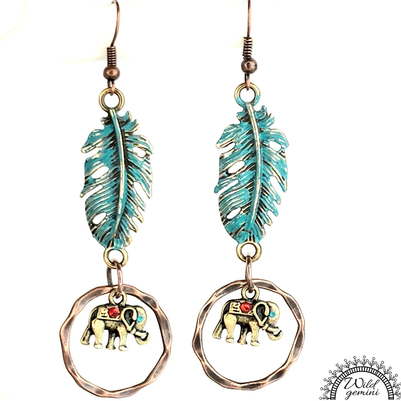 Boho Elephant Feather Hoop Earrings โ Handmade Brass Hoops with Golden Elephant & Feather Charms, Copper Hooks, 2.88โ Long - Image 4