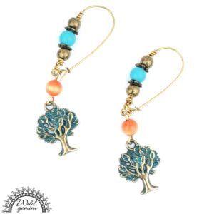 Boho Tree of Life Earrings – Handmade Brass Dangles with Turquoise Jasper, Orange Glass Beads & Tree Charms, 2.5” Long