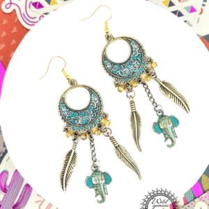 Boho Elephant & Feather Earrings – Handmade Tribal Dangle Jewelry with Turquoise Brass Charms, Yellow Seed Beads & Floral Gold Hoops