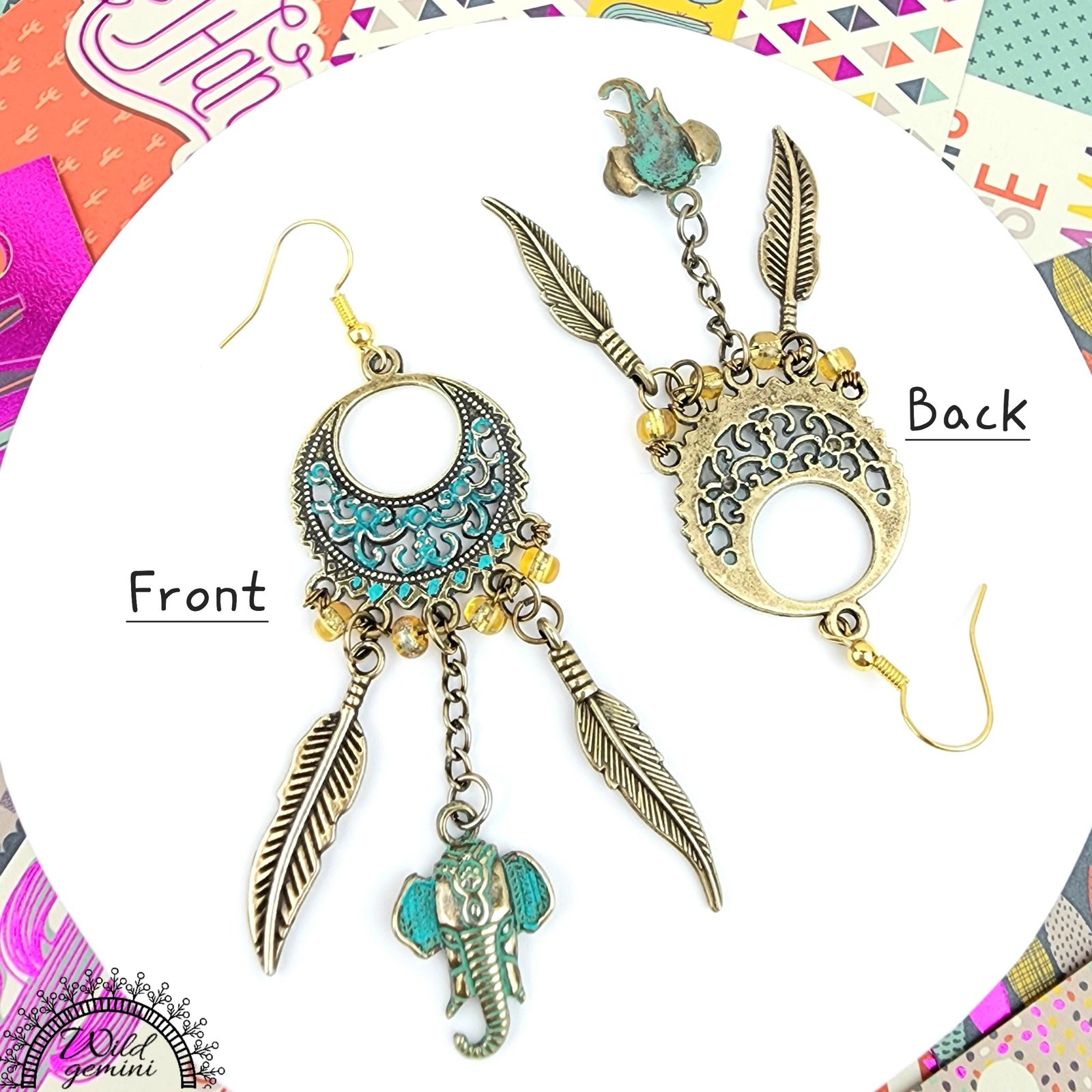 Boho Elephant & Feather Earrings โ Handmade Tribal Dangle Jewelry with Turquoise Brass Charms, Yellow Seed Beads & Floral Gold Hoops - Image 2
