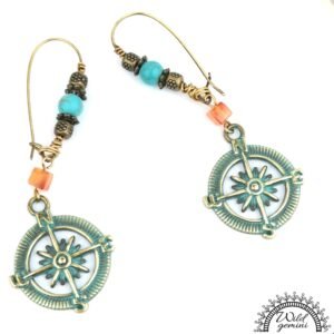 Boho Compass Earrings – Handmade Brass Dangles with Carnelian, Turquoise Jasper & Distressed Compass Charms, 3.65” Long