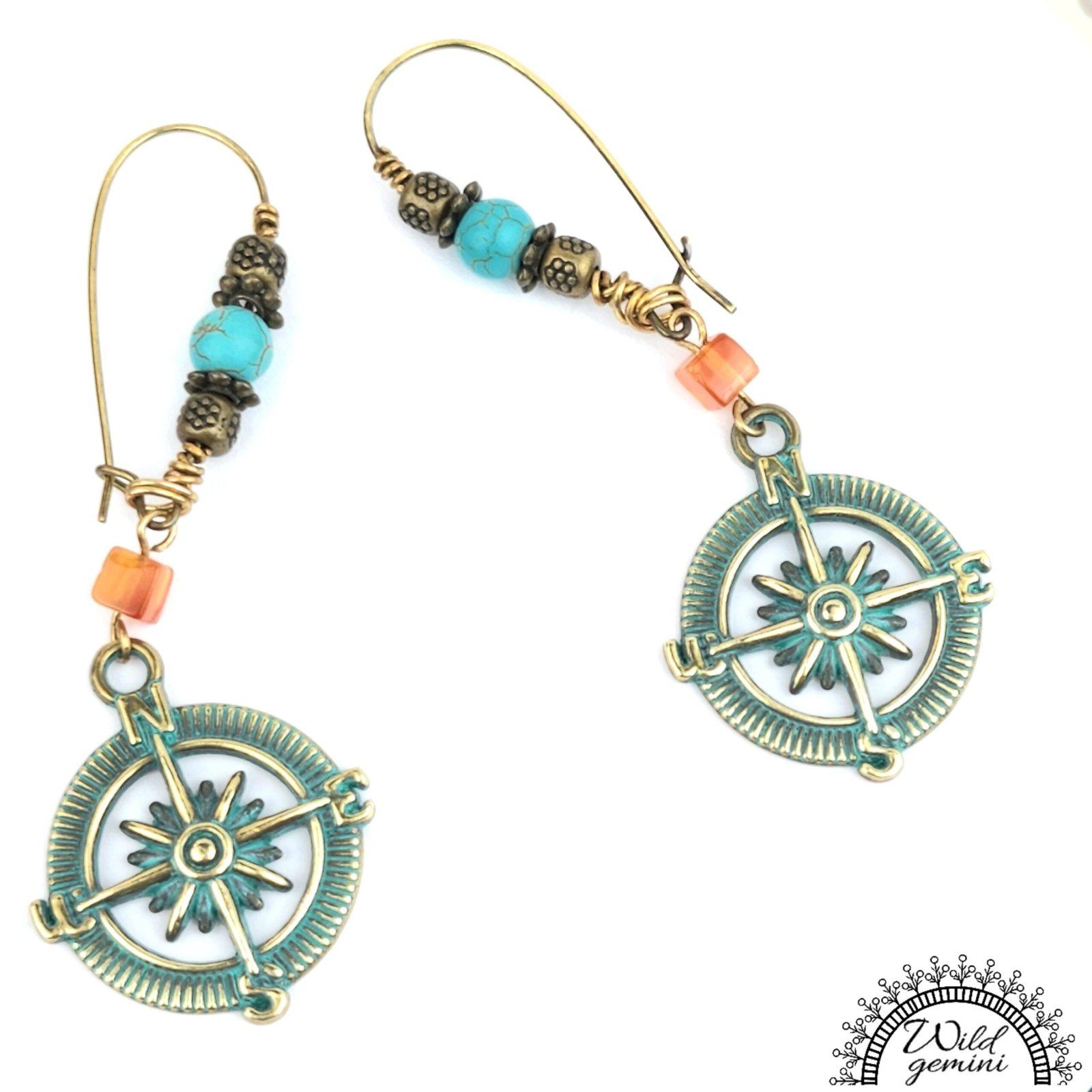 Boho Compass Earrings โ Handmade Brass Dangles with Carnelian, Turquoise Jasper & Distressed Compass Charms, 3.65โ Long