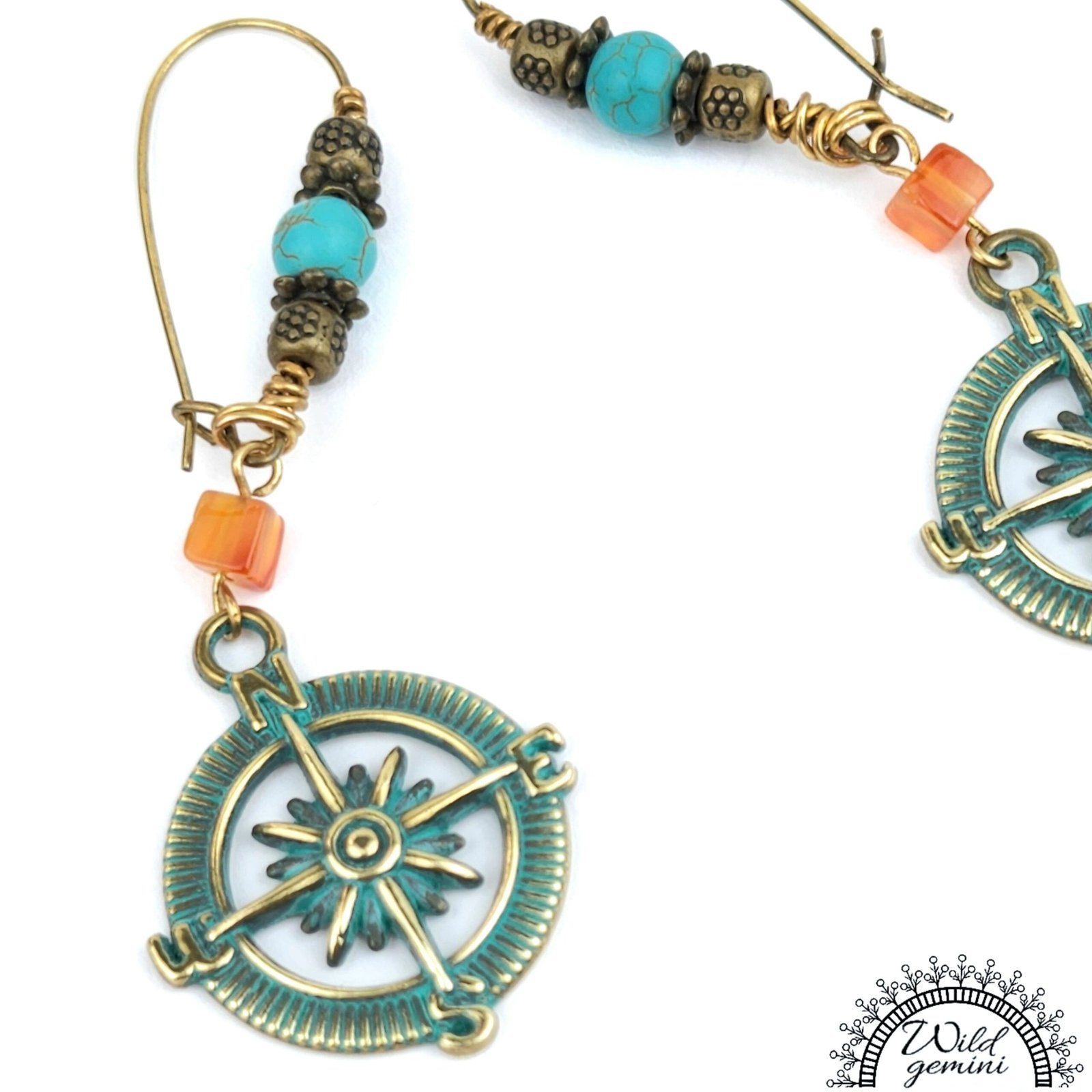 Boho Compass Earrings โ Handmade Brass Dangles with Carnelian, Turquoise Jasper & Distressed Compass Charms, 3.65โ Long - Image 3