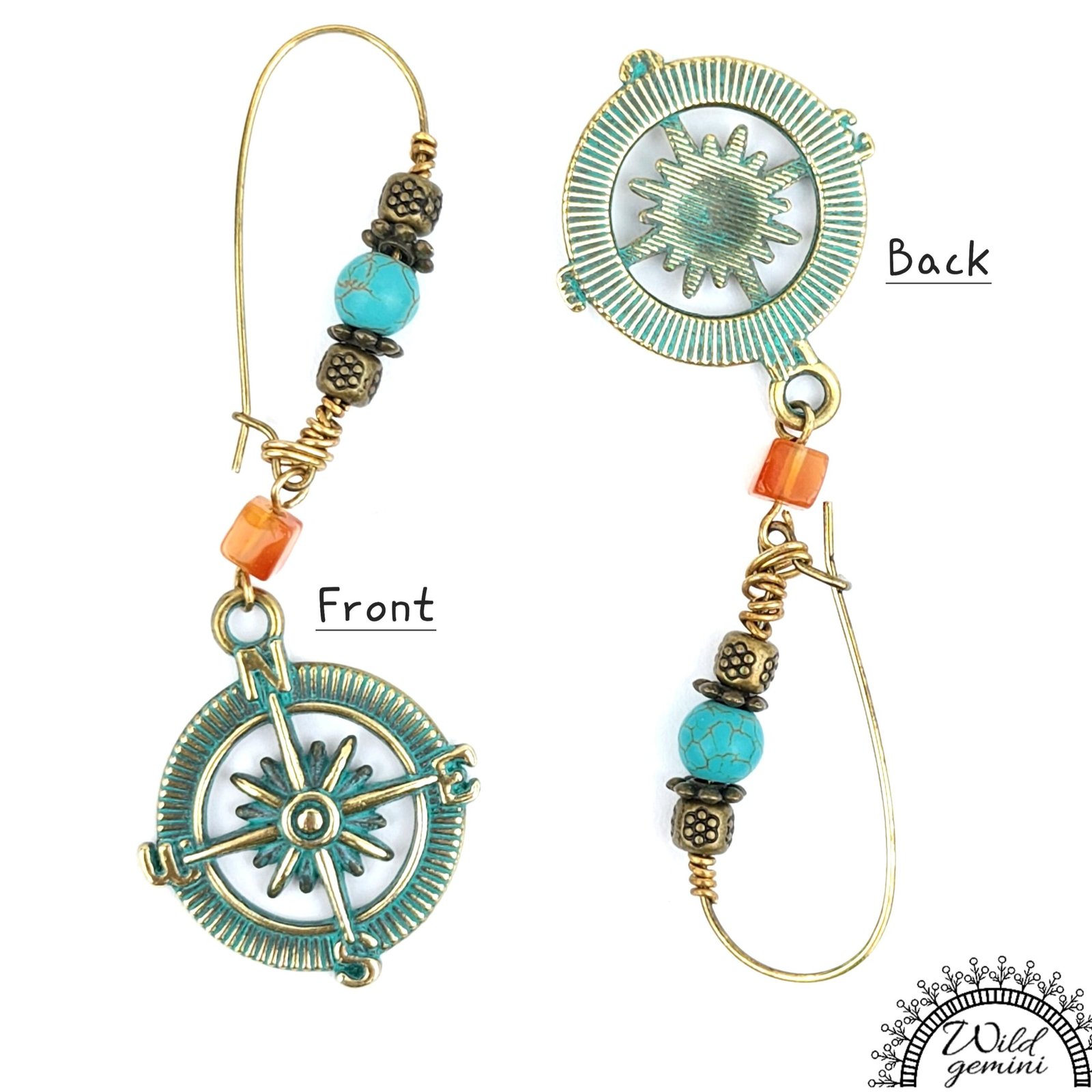 Boho Compass Earrings โ Handmade Brass Dangles with Carnelian, Turquoise Jasper & Distressed Compass Charms, 3.65โ Long - Image 2
