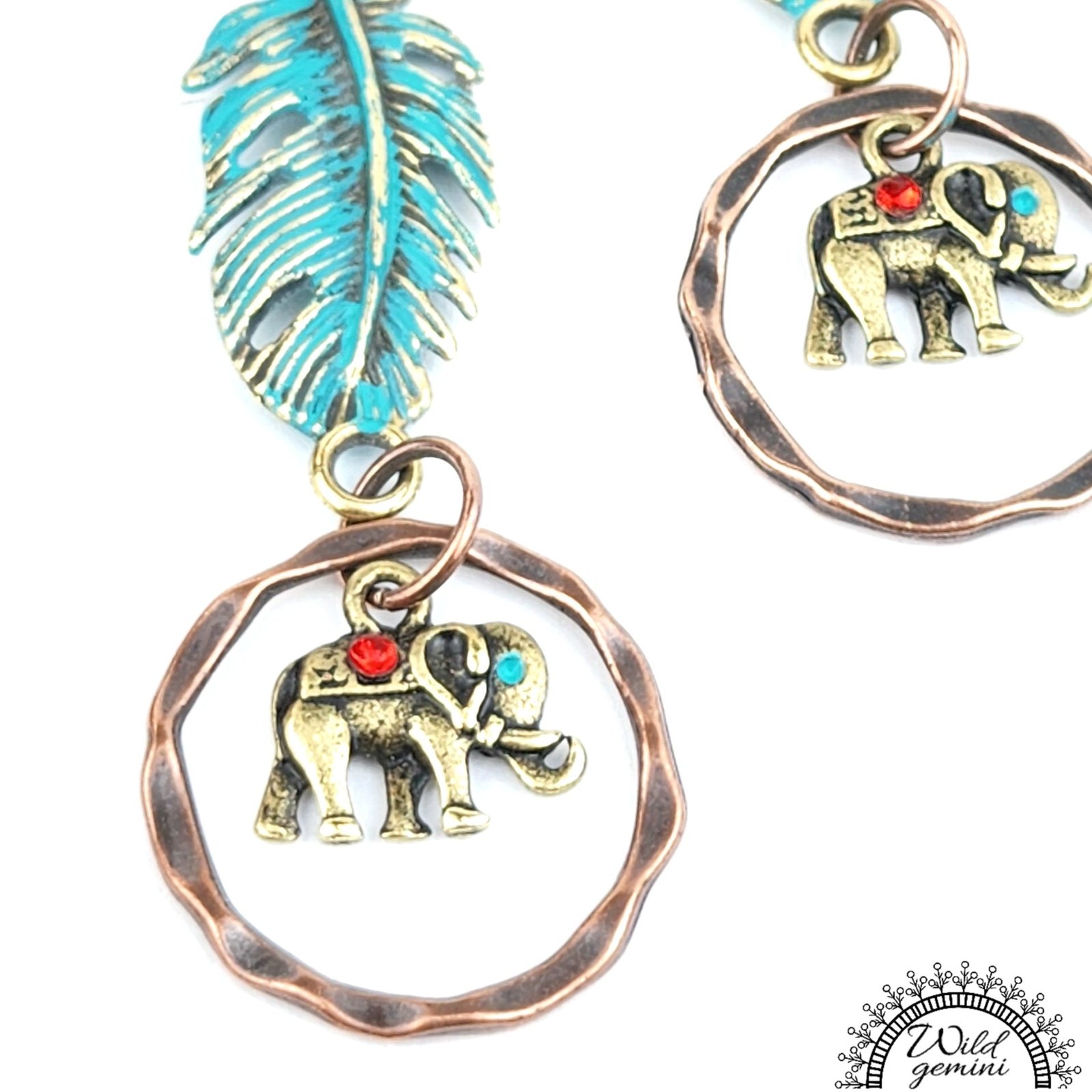 Boho Elephant Feather Hoop Earrings โ Handmade Brass Hoops with Golden Elephant & Feather Charms, Copper Hooks, 2.88โ Long - Image 3