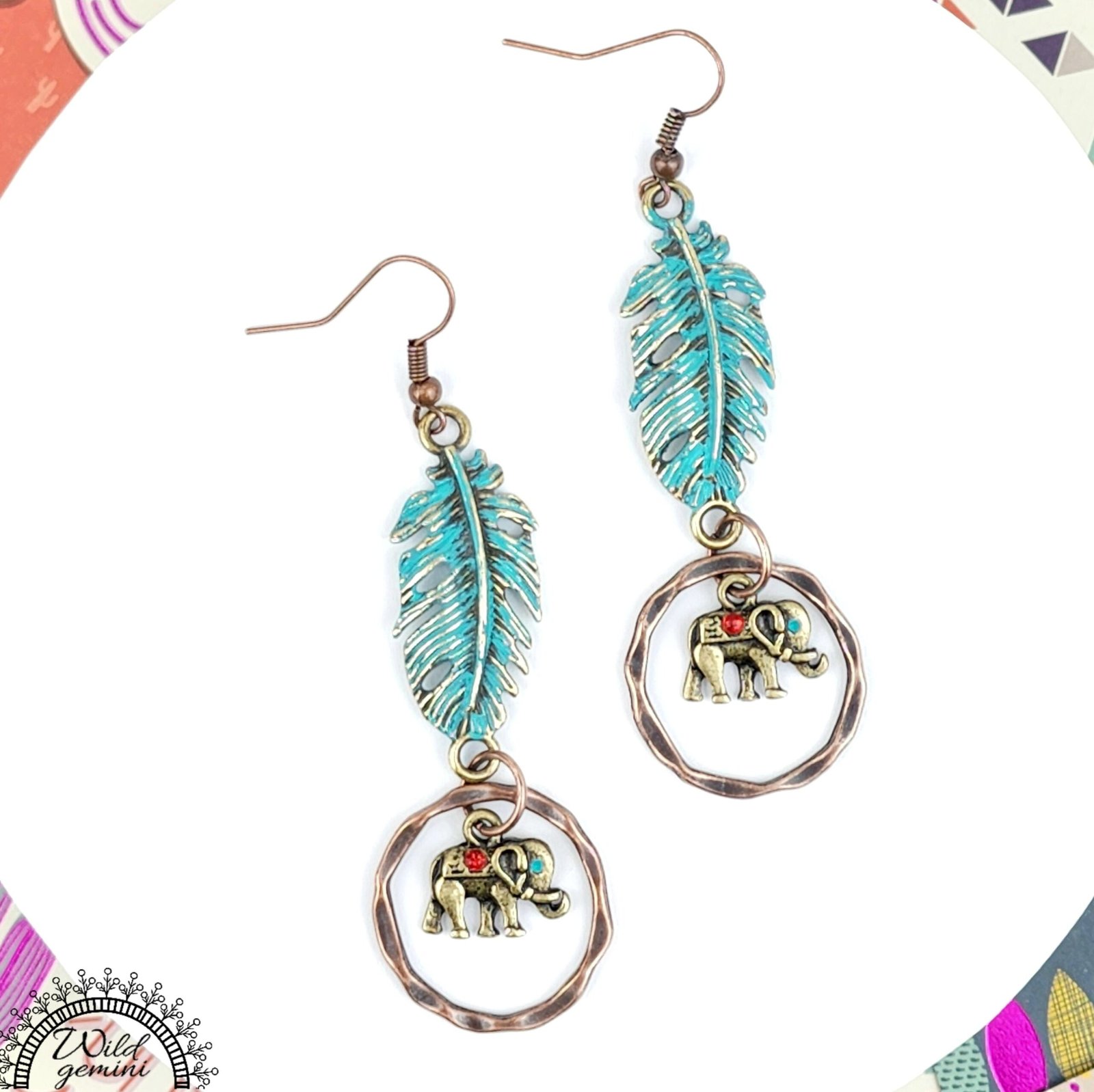 Boho Elephant Feather Hoop Earrings โ Handmade Brass Hoops with Golden Elephant & Feather Charms, Copper Hooks, 2.88โ Long