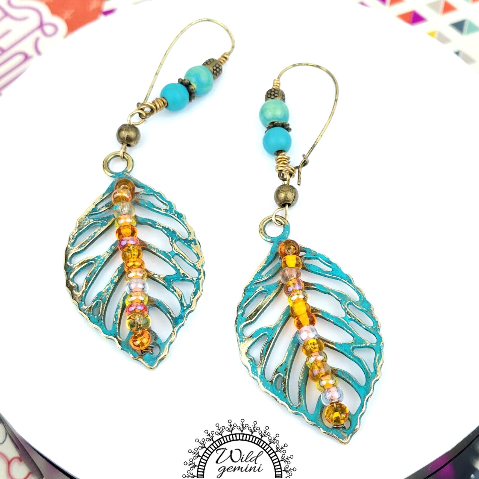 Boho Leaf Dangle Earrings โ Handmade Brass Earrings with Turquoise Jasper, Orange Seed Beads & Long Leaf Charms, 3.5โ Long