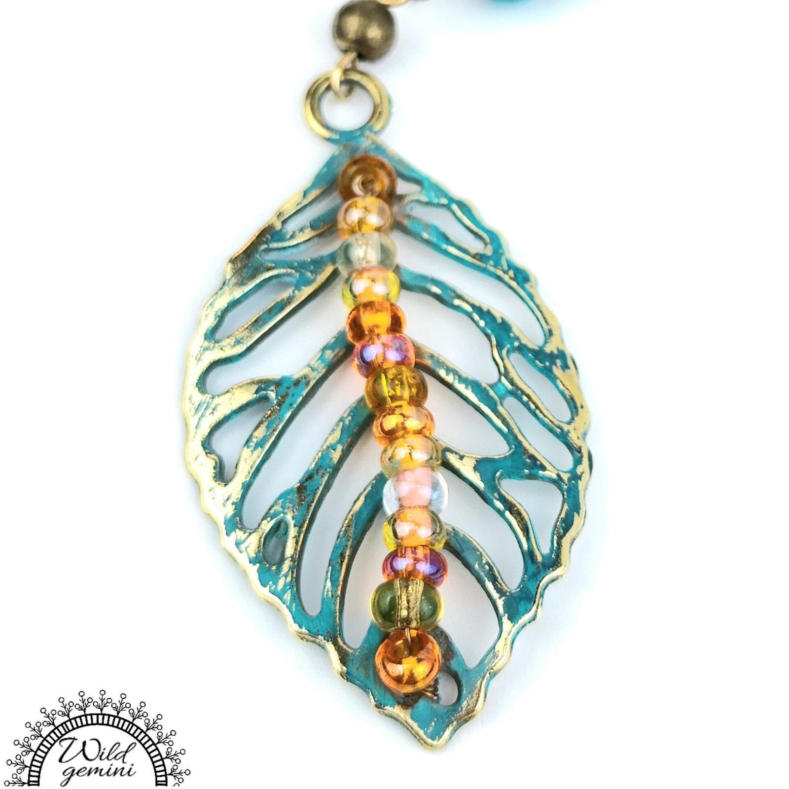 Boho Leaf Dangle Earrings โ Handmade Brass Earrings with Turquoise Jasper, Orange Seed Beads & Long Leaf Charms, 3.5โ Long - Image 3