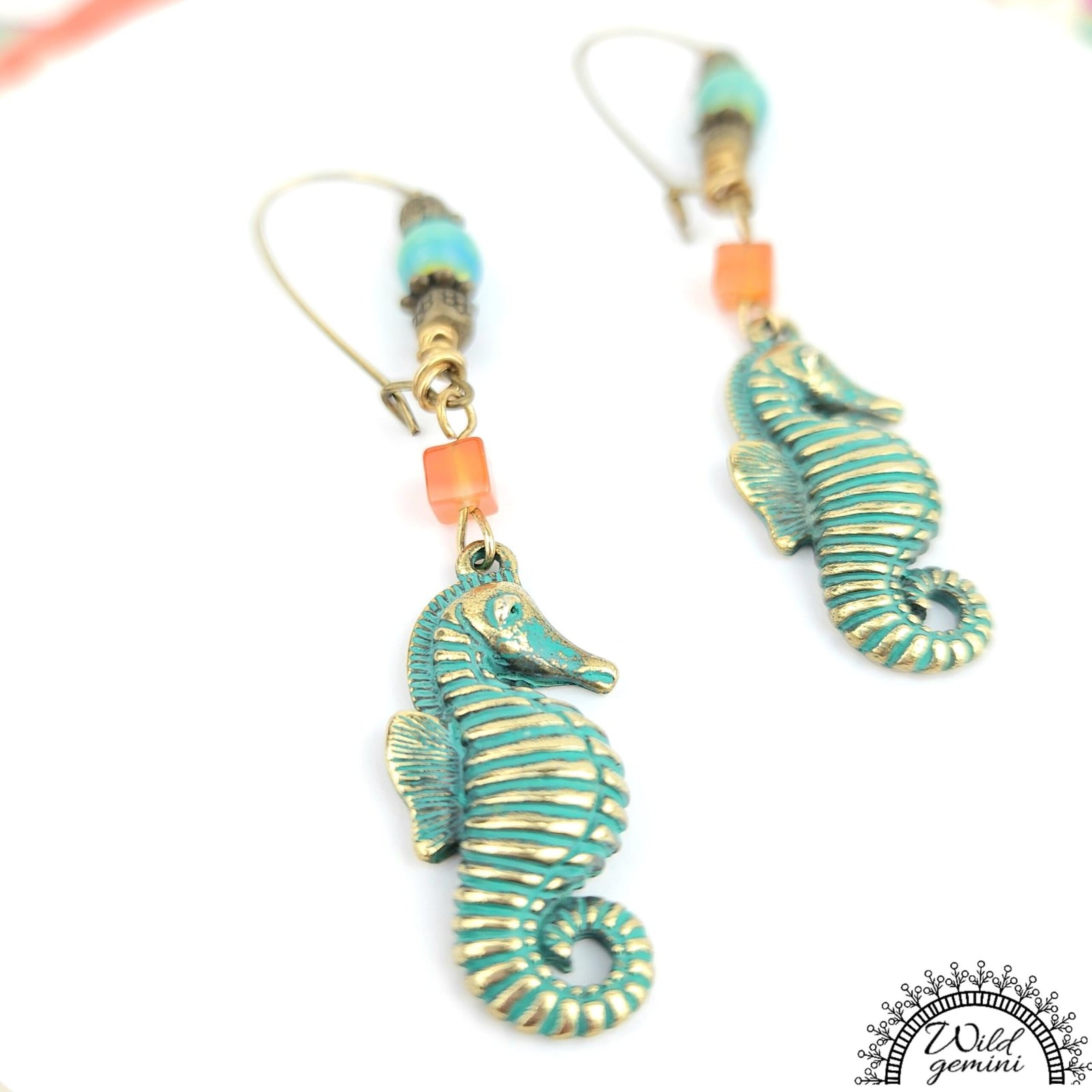 Boho Seahorse Earrings โ Handmade Brass Dangles with Turquoise Jasper, Orange Carnelian Beads & Sea Horse Charms, 2.83โ Long - Image 3