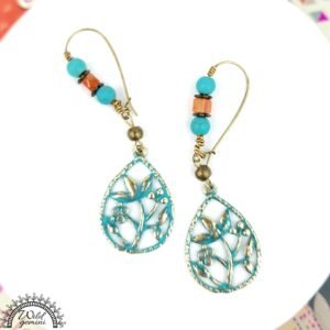 Boho Flower Earrings โ Handmade Brass Dangle Earrings with Carnelian, Turquoise Jasper & Floral Charms, 2.75โ Long