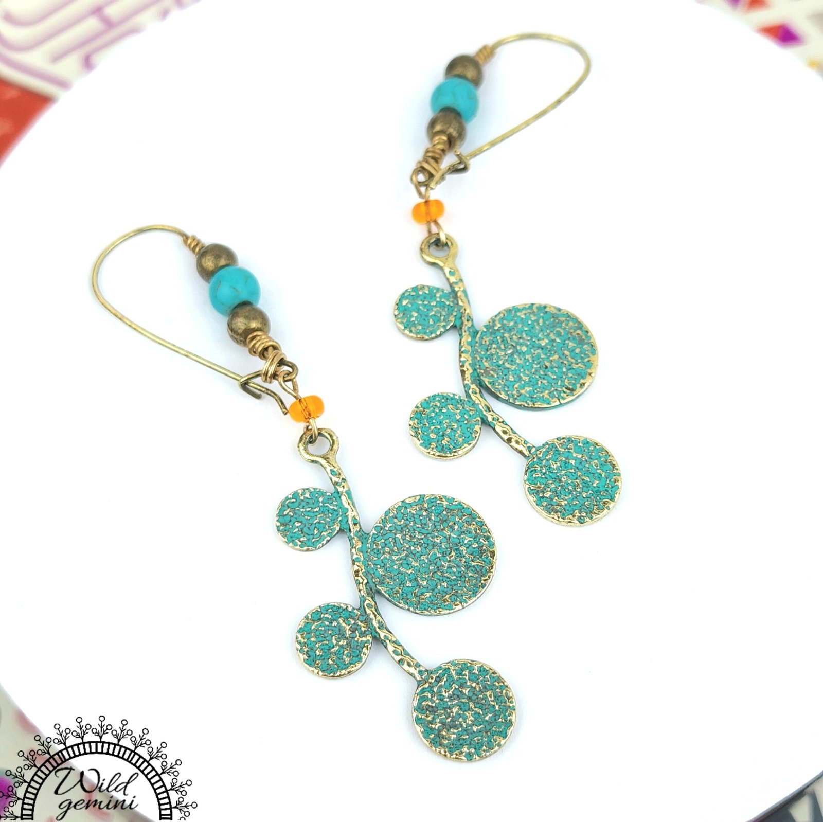 Boho Leaf Earrings โ Handmade Brass Dangle Earrings with Turquoise Jasper, Orange Seed Beads & Round Leaf Charms, 3โ Long