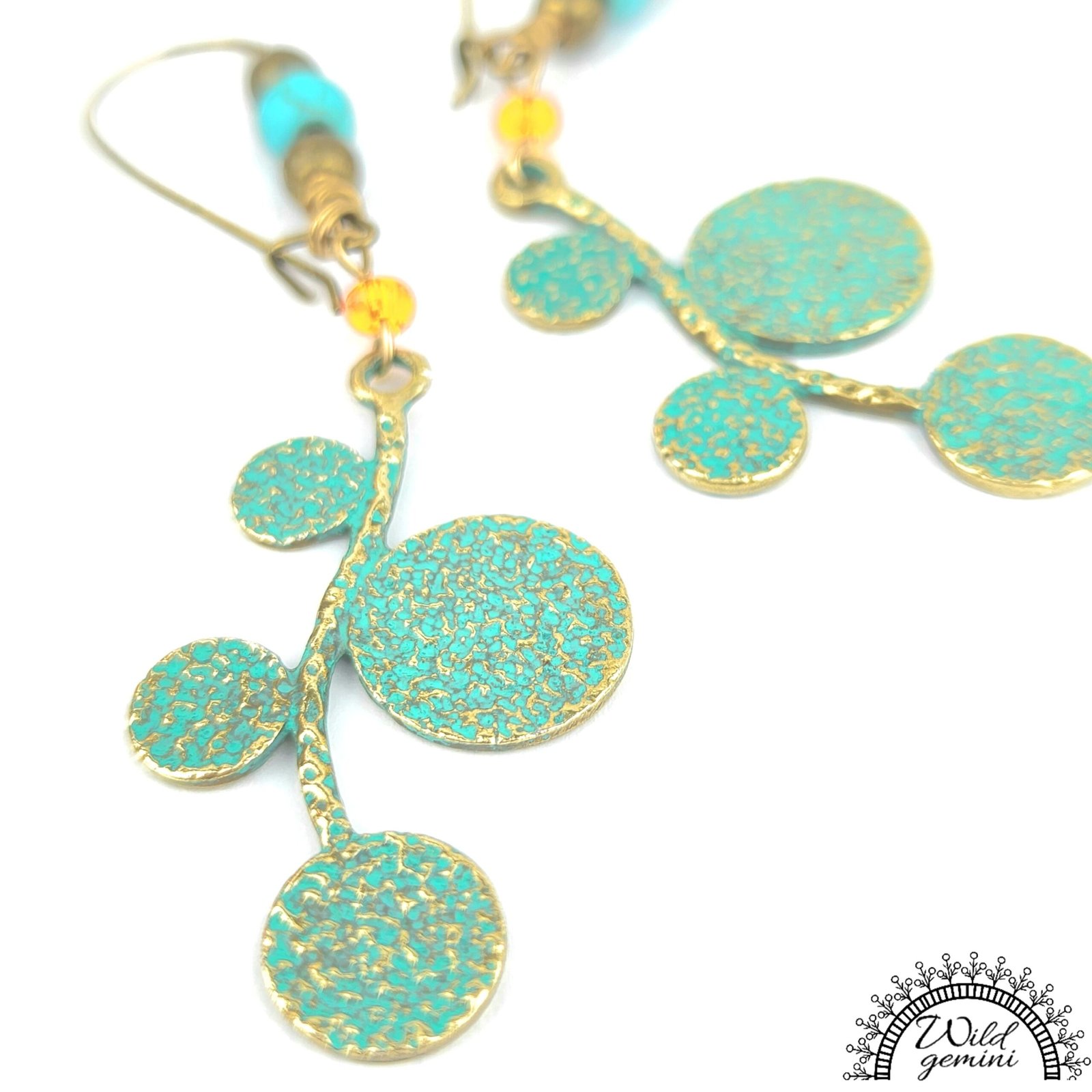 Boho Leaf Earrings โ Handmade Brass Dangle Earrings with Turquoise Jasper, Orange Seed Beads & Round Leaf Charms, 3โ Long - Image 2