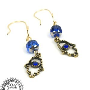 Golden and Blue Hand of Fatima Earrings