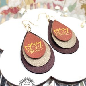 Boho Lotus Leather Earrings – Handmade Triple-Layer Faux Leather Drops in Brown, Beige & Copper with Gold Lotus Design & Hooks, 3” Long
