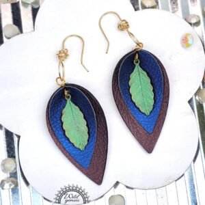 Boho Leaf Leather Earrings – Handmade Faux Leather Drops in Brown & Blue with Green Metal Leaf & Gold Hooks, 3” Long Lightweight Dangles