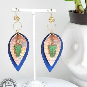 Boho Owl Leather Earrings – Handmade Faux Leather Drops in Brown & Gold with Green Metal Owl & Gold Hooks, 3” Long Lightweight Dangles