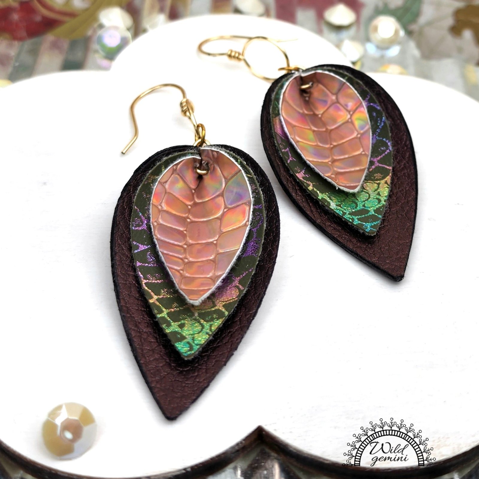 Boho Layered Leather Earrings โ Handmade Faux Leather Drops in Brown, Gold & Multicolor with Gold Hooks, 3โ Long Statement Dangles - Image 3
