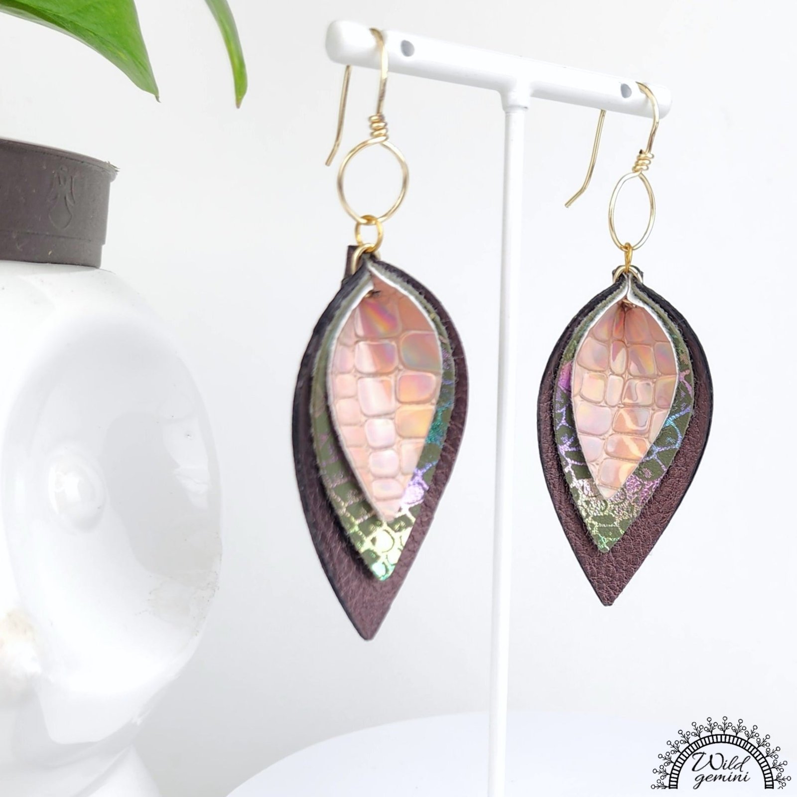 Boho Layered Leather Earrings โ Handmade Faux Leather Drops in Brown, Gold & Multicolor with Gold Hooks, 3โ Long Statement Dangles