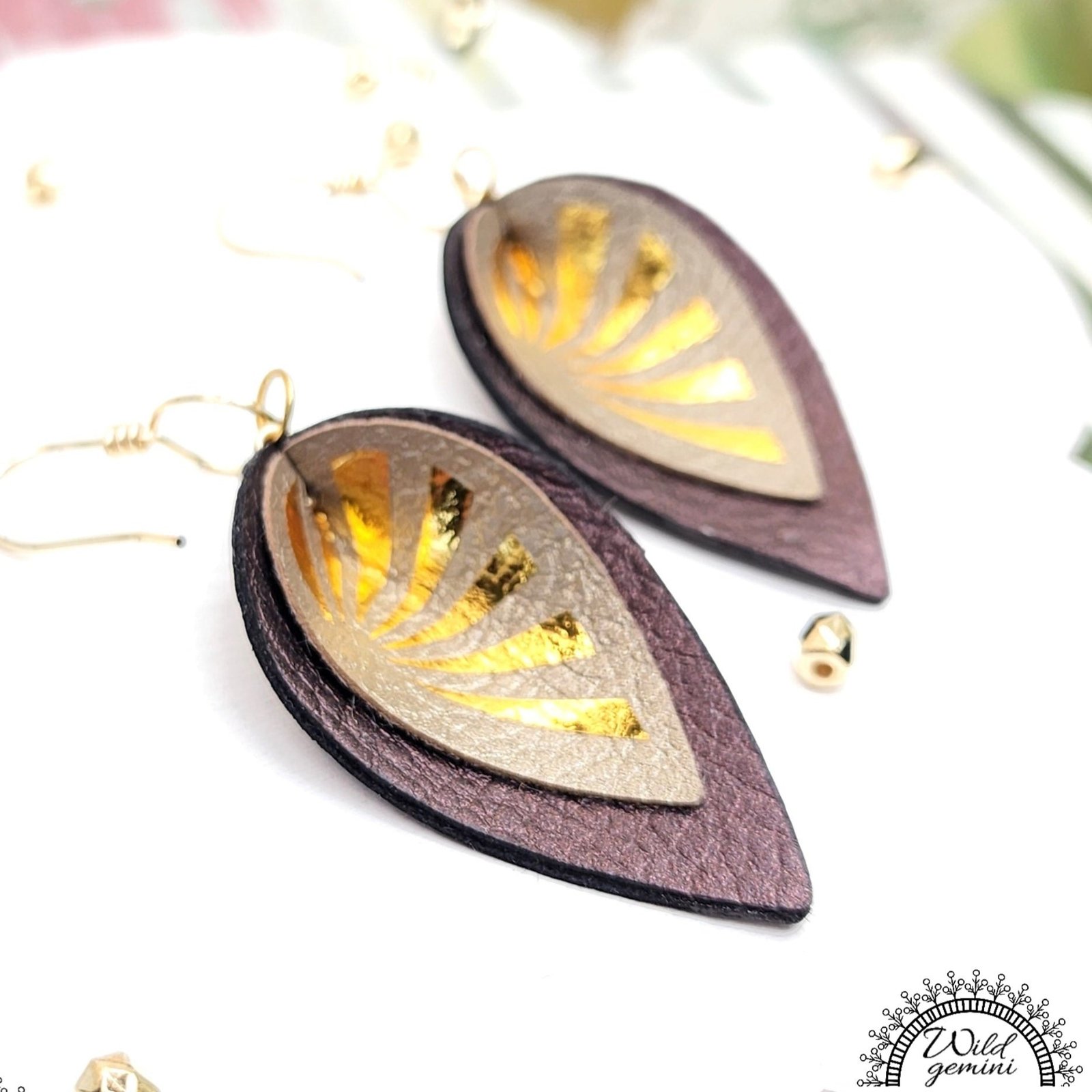 Boho Sun Leather Earrings โ Handmade Two-Layer Faux Leather Drops in Brown & Beige with Golden Sun Design & Gold Hooks, 2.45โ Long - Image 3