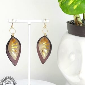 Boho Sun Leather Earrings โ Handmade Two-Layer Faux Leather Drops in Brown & Beige with Golden Sun Design & Gold Hooks, 2.45โ Long